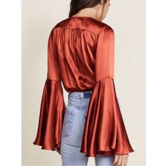 CAROLINE CONSTAS |  Charmeuse Silk Bell Sleeve Bodysuit Rust Orange Extra Small - Picture 2 of 9